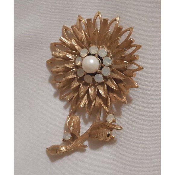 Vintage SWAROVSKI Gold Tone Floral Brooch With Faux Pearl & Opalescent Crystals - Picture 3 of 6